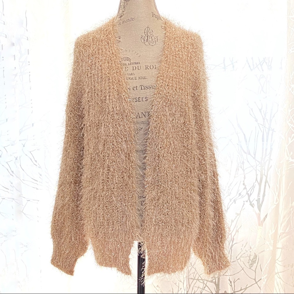 Forever 21 tan brown GOLD fuzzy open front cardigan sweater